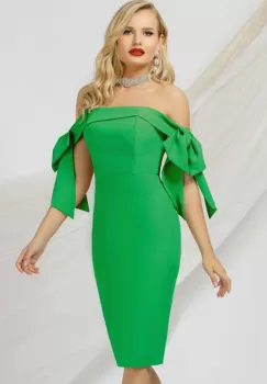 Rochie eleganta Pretty Girl verde cu umerii goi si funde maxi imagine