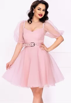 Rochie eleganta rose in clos din organza cu centura in talie imagine