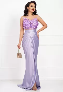 Rochie eleganta tip sirena Claire lila cu flori 3D si fronseuri imagine