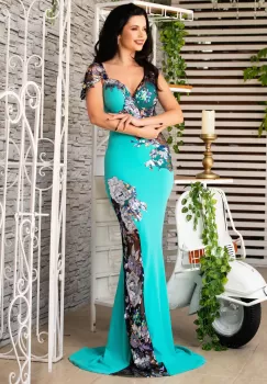 Rochie eleganta tip sirena Kany aqua cu model din paiete si flori pastelate imagine