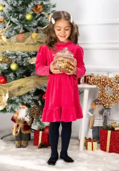 Rochie fetita Cherry din catifea fucsia cu volanas imagine