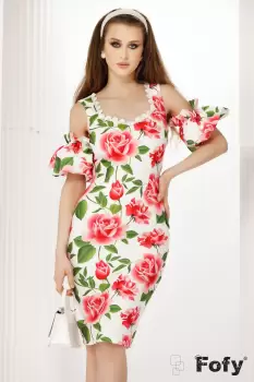 Rochie Fofy alba cu imprimeu trandafiri si maneci detasabile imagine