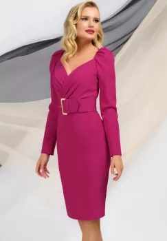 Rochie fucsia tip creion Pretty Girl de birou cu decolteu tip inima si curea imagine