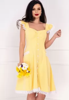 Rochie InPuff galbena cu volanase la umeri si broderie aplicata imagine