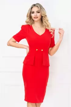 Rochie InPuff office conica rosie cu peplum in talie si nasturi aurii imagine