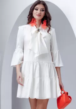 Rochie ivoire de zi Fofy din voal satinat cu esarfa innodata si brosa cu cristale imagine