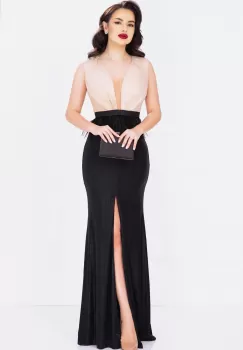 Rochie lunga de lux bej si negru cu pene imagine