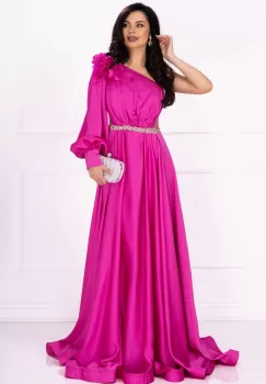 Rochie lunga de lux Medeea fucsia cu floare pe umar si detaliu pretios in talie imagine