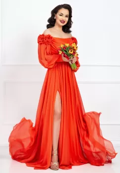 Rochie lunga de lux Mireya orange cu fronseuri si flori 3D imagine