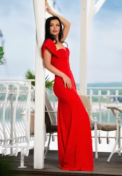 Rochie lunga de seara Fatima rosie cu trena pe o parte imagine