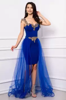 Rochie Marylin de seara eleganta albastru royal cu trena detasabila imagine