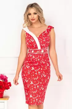 Rochie MBG cu imprimeu floral rosu si rever bicolor imagine