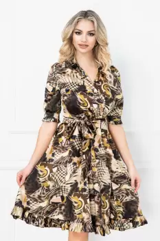 Rochie MBG de zi satinata petrecuta cu imprimeu maron imagine