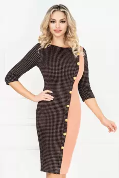 Rochie MBG office cu imprimeu pepit cu insertii din fir irizant si nasturi aurii imagine