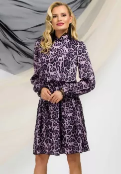 Rochie midi Pretty Girl leopard mov cu dantela la gat si mansete imagine