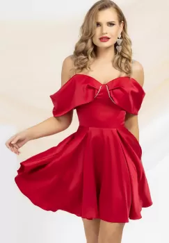 Rochie mini rosie eleganta Pretty Girl cu umeri goi si strassuri imagine