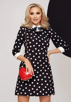 Rochie office Fofy croi in A cu buline in contrast si guler alb imagine