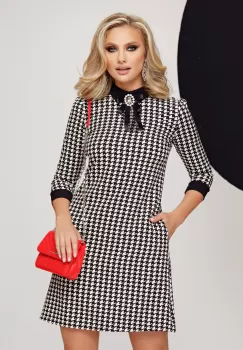 Rochie office Fofy croi in A cu imprimeu pied du coq si guler negru imagine