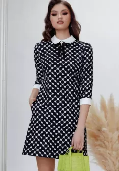 Rochie office Fofy in A cu imprimeu grafic si guler alb imagine