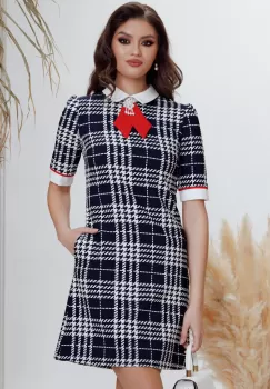 Rochie office Fofy in A imprimeu carouri si esarfa rosie imagine