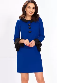Rochie office Ivonne albastru royal cu guler si mansete negre imagine
