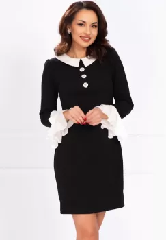 Rochie office Ivonne neagra cu guler si mansete albe imagine