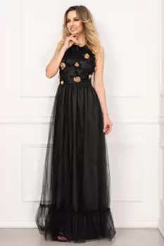 Rochie Pretty Girl de ocazie lunga din tul cu flori 3D la bust imagine