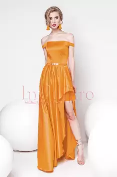 Rochie Pretty Girl eleganta mustar din tafta lasata pe umeri imagine