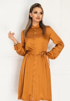 Rochie Pretty Girl mustar din vascoza cu cordon in talie si nasturi tip perla imagine