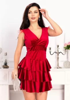 Rochie rosie Gisella in clos cu volane si fulgi la umeri imagine