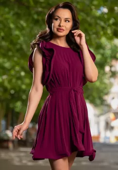 Rochie scurta plisata cu cordon in talie si volane la umeri imagine