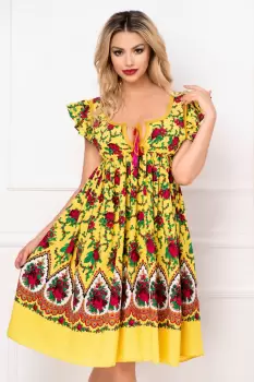 Rochie Venezia lejera galbena cu decupaj la spate si imprimeu floral imagine