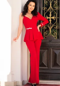 Salopeta eleganta rosie Kennice cu pantaloni evazati si peplum imagine