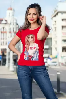 Tricou casual rosu cu imprimeu trendy imagine