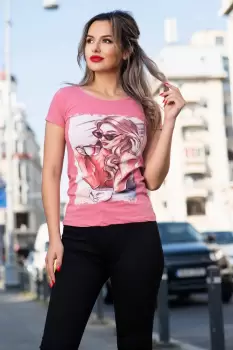 Tricou casual roz cu imprimeu coffe time imagine