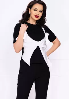 Tricou elegant negru cu funda stilizata alba imagine