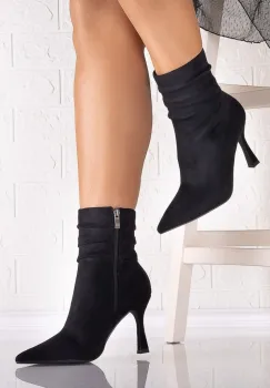Botine Dama cu toc Negre din Piele Ecologica Intoarsa Uvelia imagine