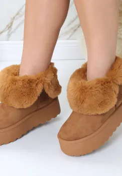 Cizme Dama Imblanite Camel din Piele Naturala Intoarsa Almina imagine