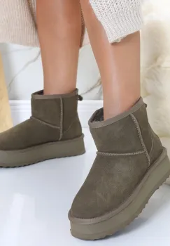 Cizme Dama Imblanite Kaki din Piele Naturala Intoarsa Angina imagine