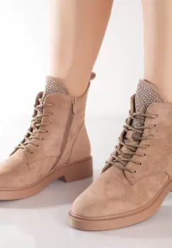 Ghete Dama Imblanite Bej din Piele Ecologica Intoarsa Mihori imagine