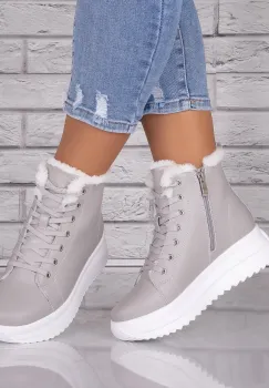 Ghete dama Imblanite Gri din Piele Naturala Weber imagine
