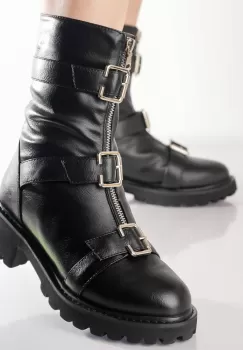 Ghete Dama Imblanite Negre din Piele Ecologica Agnes imagine