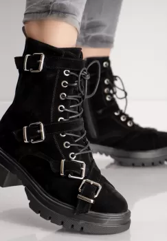 Ghete Dama Imblanite Negre din Piele Ecologica Intoarsa Ena imagine