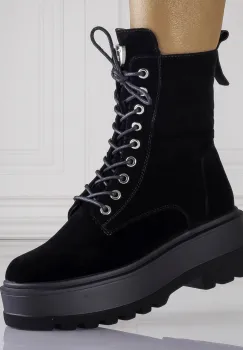 Ghete Dama Imblanite Negre din Piele Ecologica Intoarsa Valinsa imagine