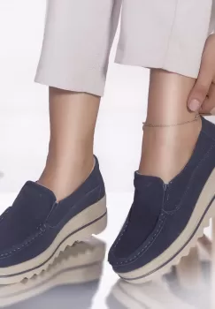 Pantofi cu platforma khadye piele naturala intoarsa albastru imagine