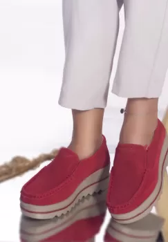 Pantofi cu platforma khadye piele naturala intoarsa rosu imagine
