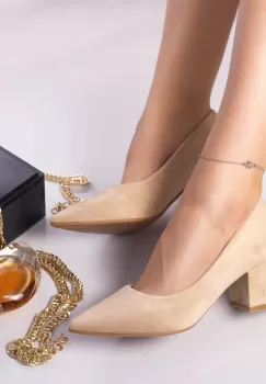 Pantofi cu toc saima catifea bej imagine