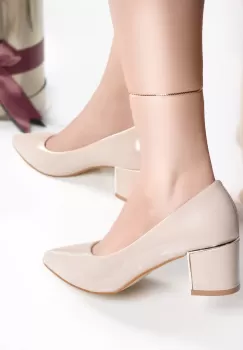Pantofi dama bej cu toc piele ecologica flora imagine