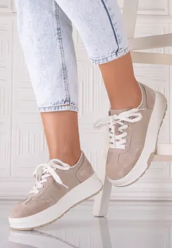 Pantofi dama casual Bej din Piele Naturala Intoarsa si textil Narella imagine