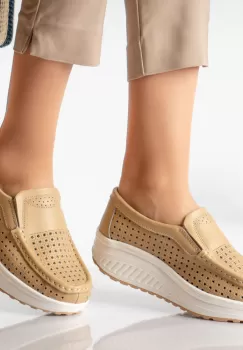 Pantofi dama casual camel piele naturala flori imagine